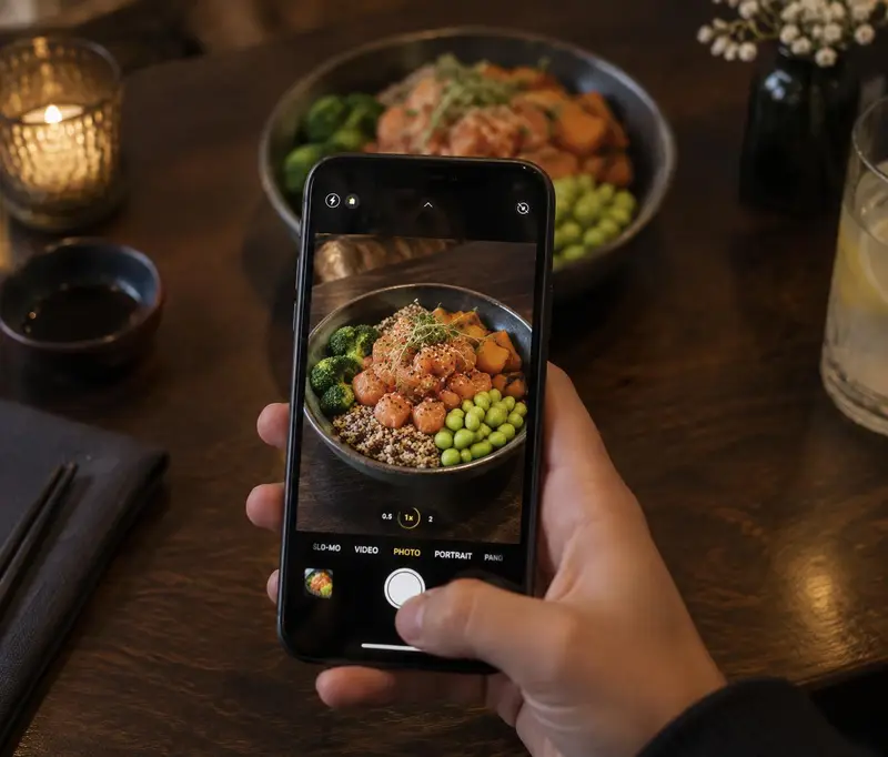 A person photographing a salmon bowl: the phone screen shows the viewfinder with the dish