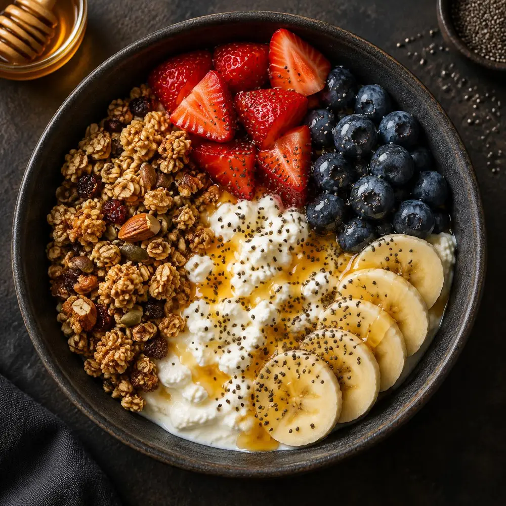 Breakfast: cottage cheese with granola, berries and banana